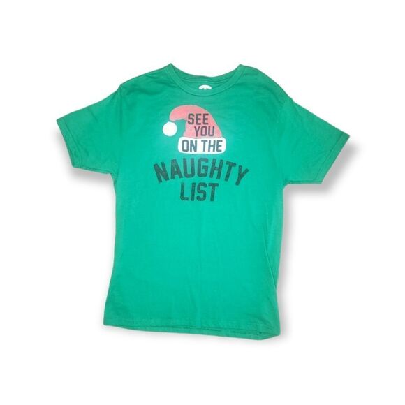 HOLIDAY TIME Green Santa Hat- SEE YOU ON THE NAUGHTY LIST T-Shirt Medium - Picture 1 of 5